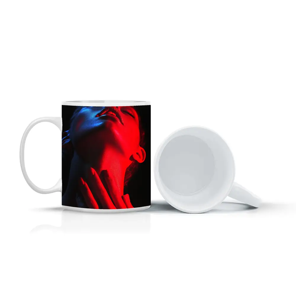 Woman Red Blue Neon Light Dark Background – Mugs