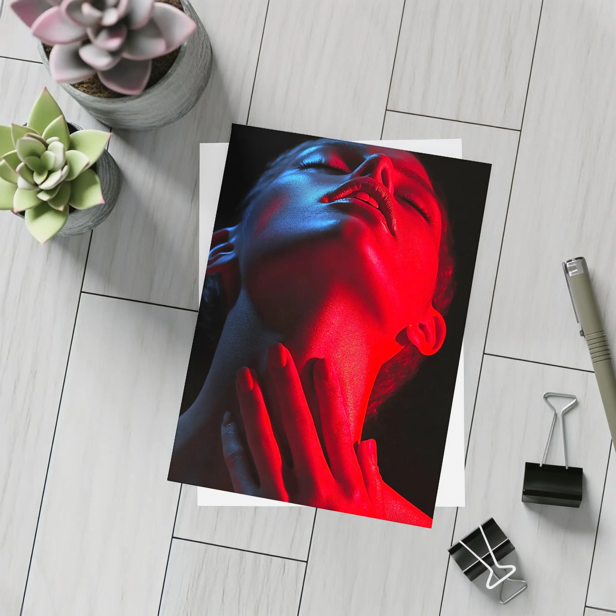 Woman Red Blue Neon Light Dark Background – Postcards