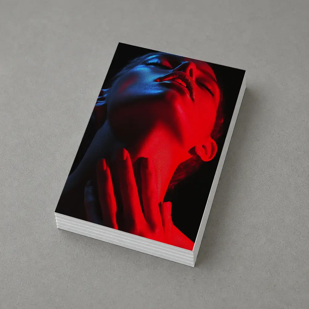 Woman Red Blue Neon Light Dark Background – Postcards