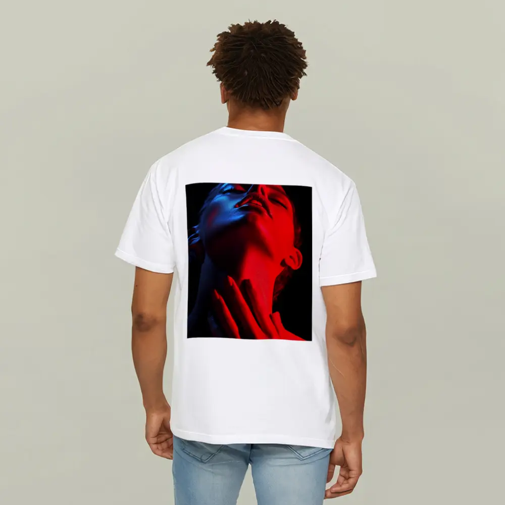 Woman Red Blue Neon Light Dark Background – T-Shirts