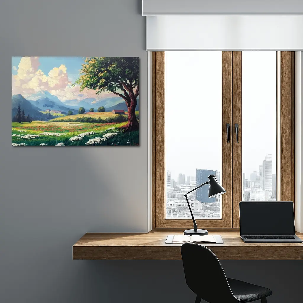 Oil Painting Green Meadow Mountains Summer Landscape – Wall Art