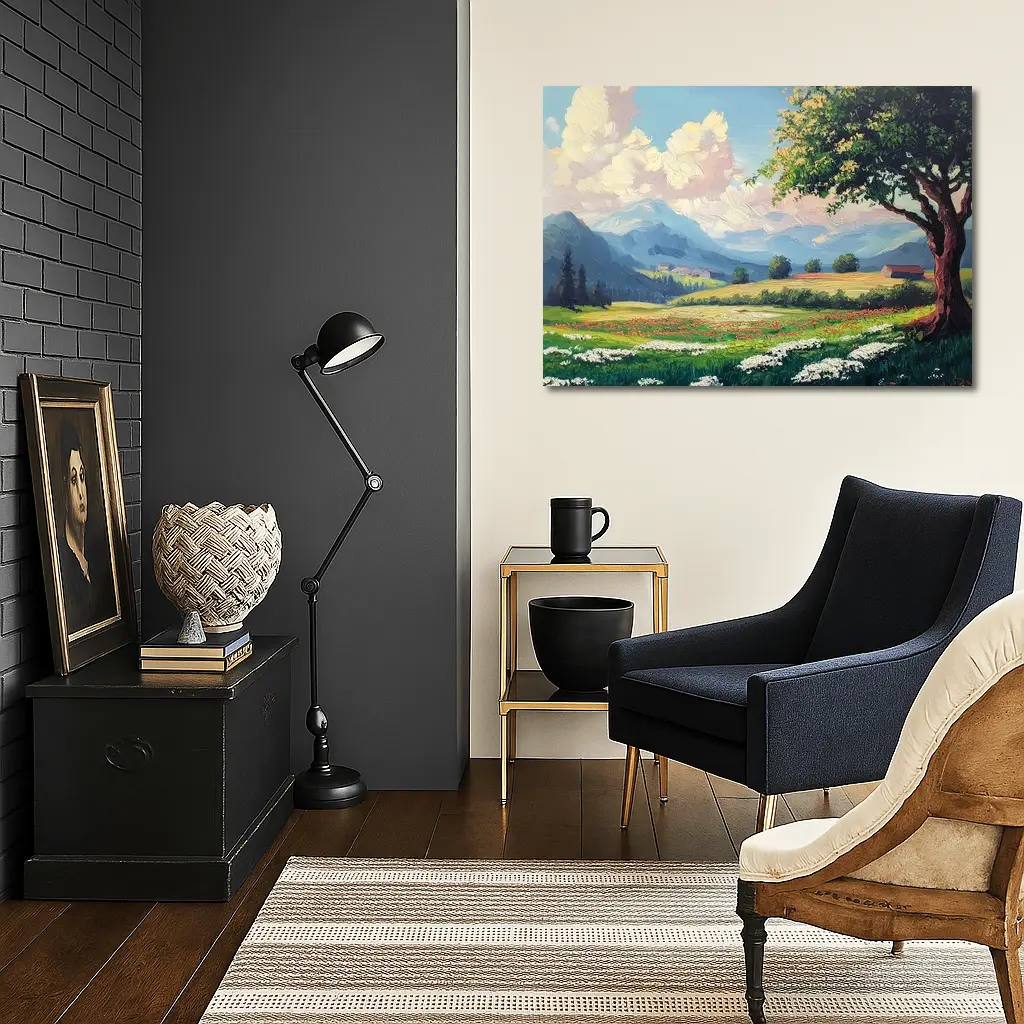 Oil Painting Green Meadow Mountains Summer Landscape – Wall Art