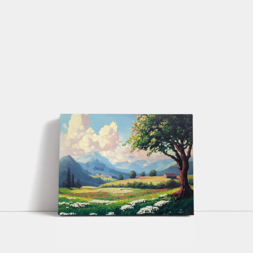 Oil Painting Green Meadow Mountains Summer Landscape – Wall Art