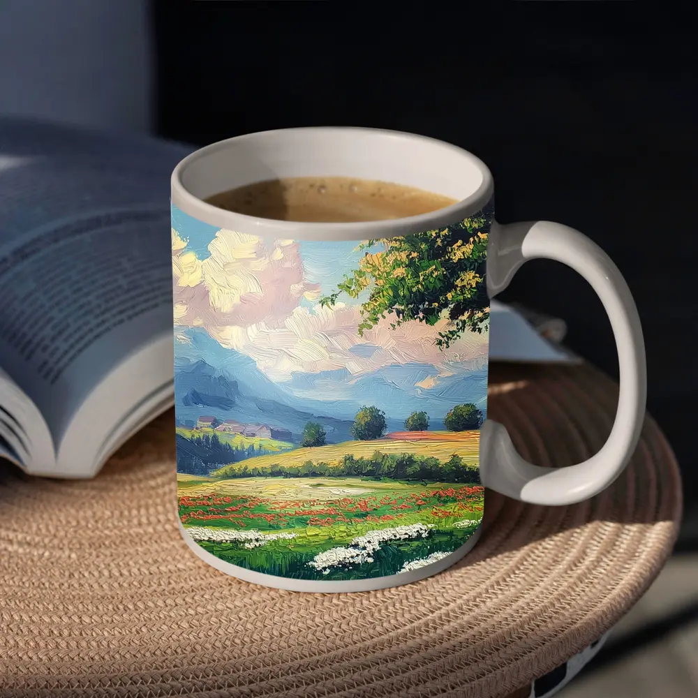 Oil Painting Green Meadow Mountains Summer Landscape – Mugs
