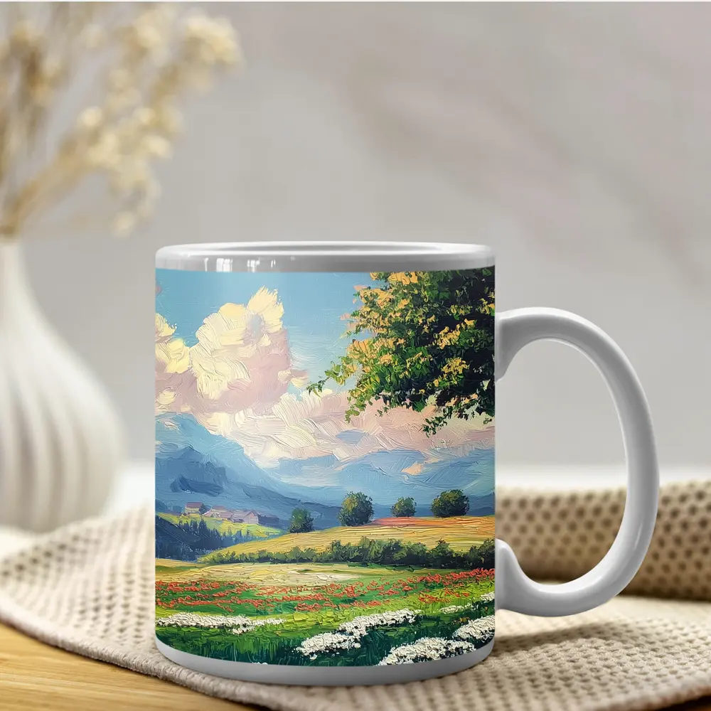 Oil Painting Green Meadow Mountains Summer Landscape – Mugs