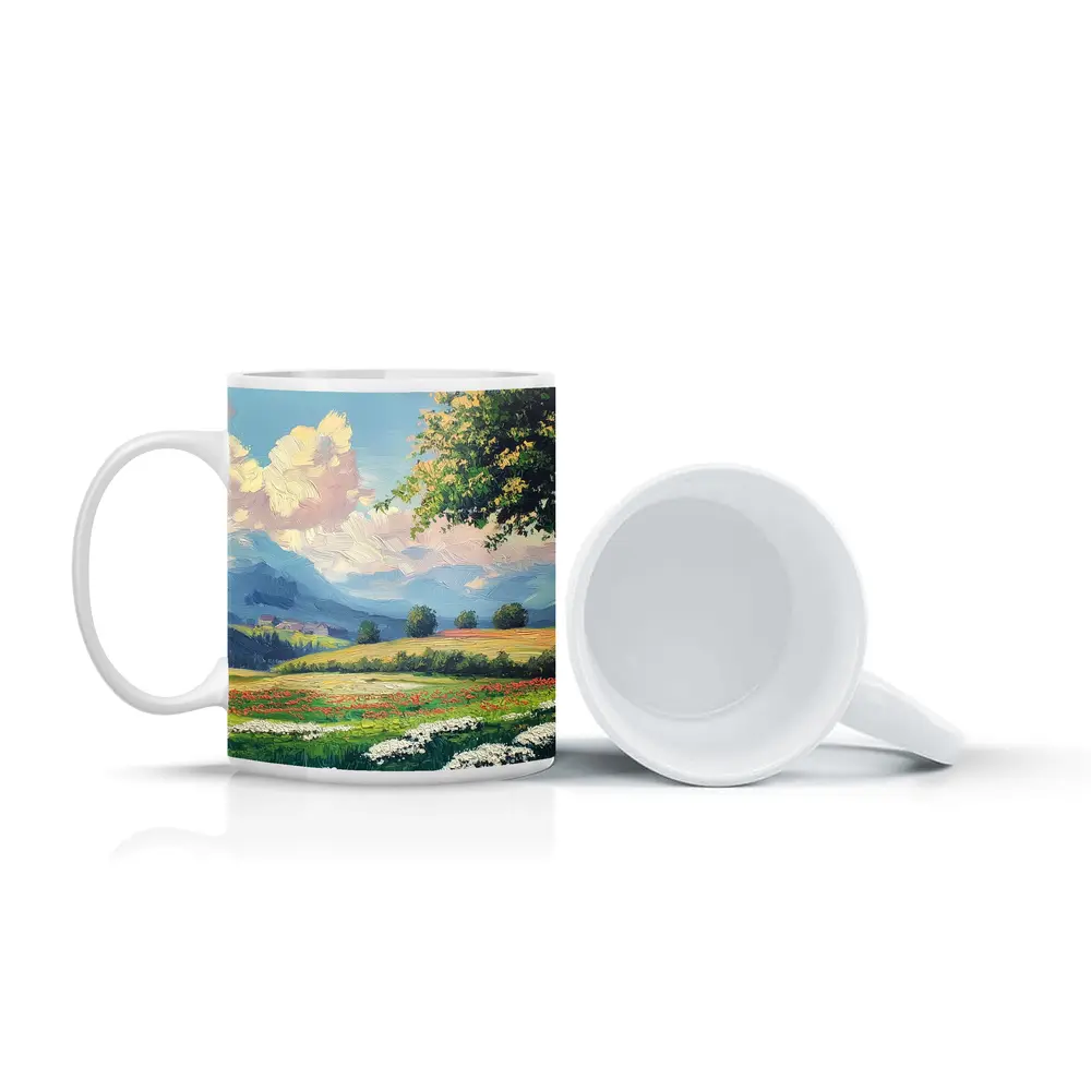 Oil Painting Green Meadow Mountains Summer Landscape – Mugs