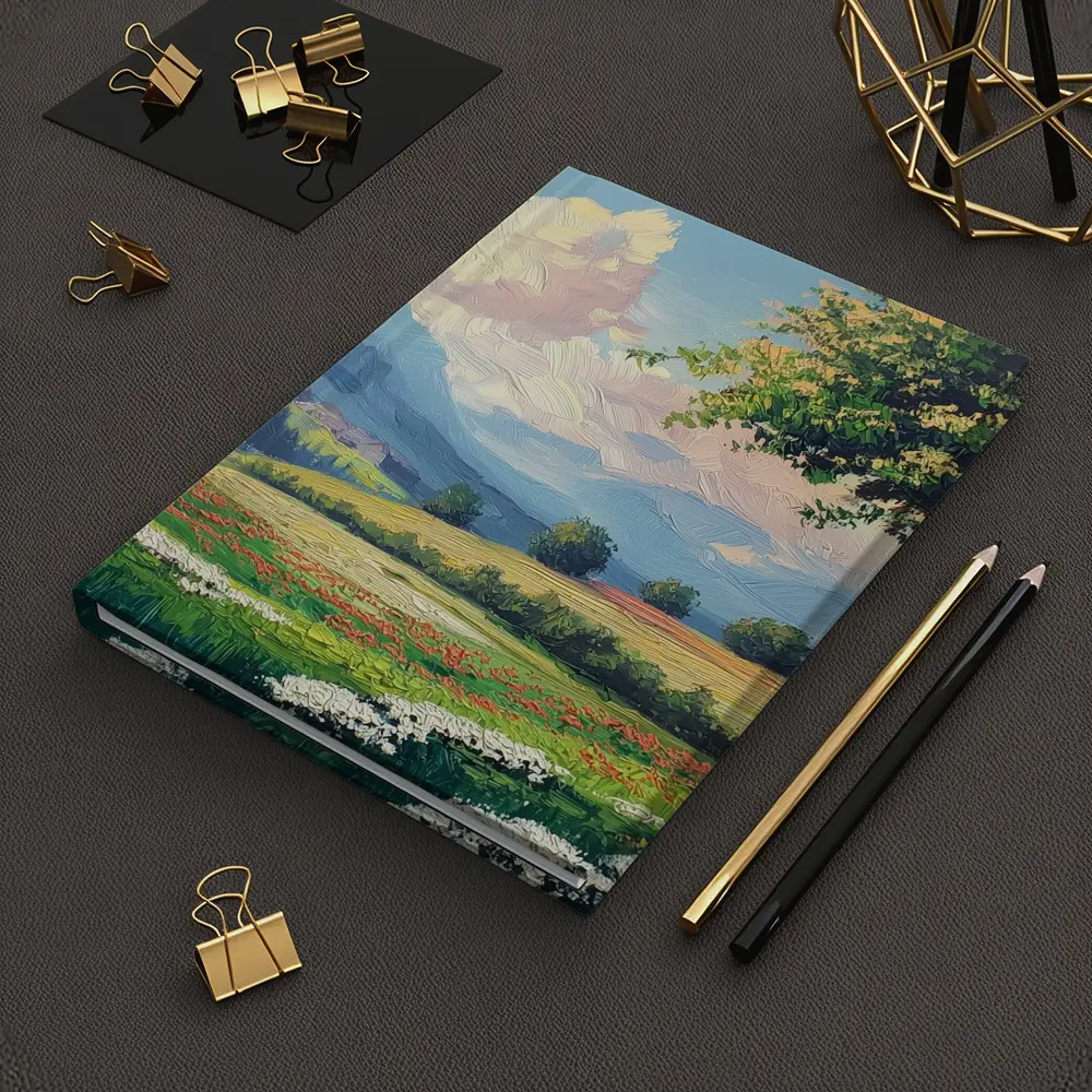 Oil Painting Green Meadow Mountains Summer Landscape – Notebooks
