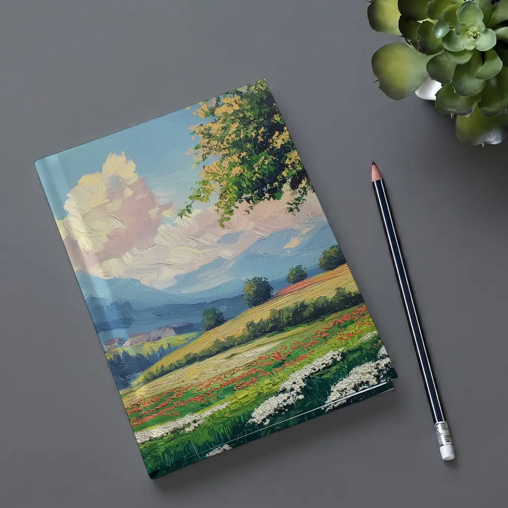 Oil Painting Green Meadow Mountains Summer Landscape – Notebooks