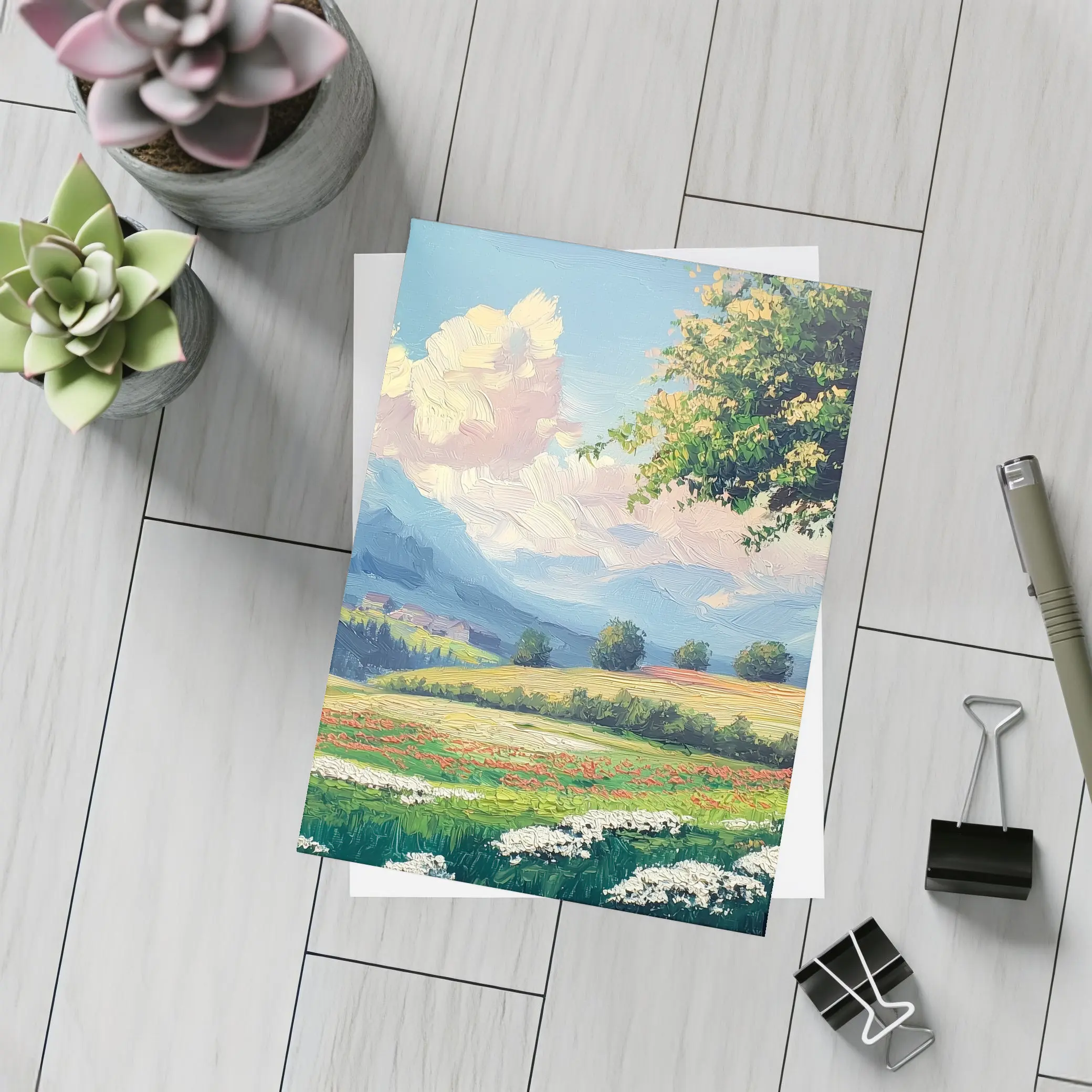 Oil Painting Green Meadow Mountains Summer Landscape – Postcards