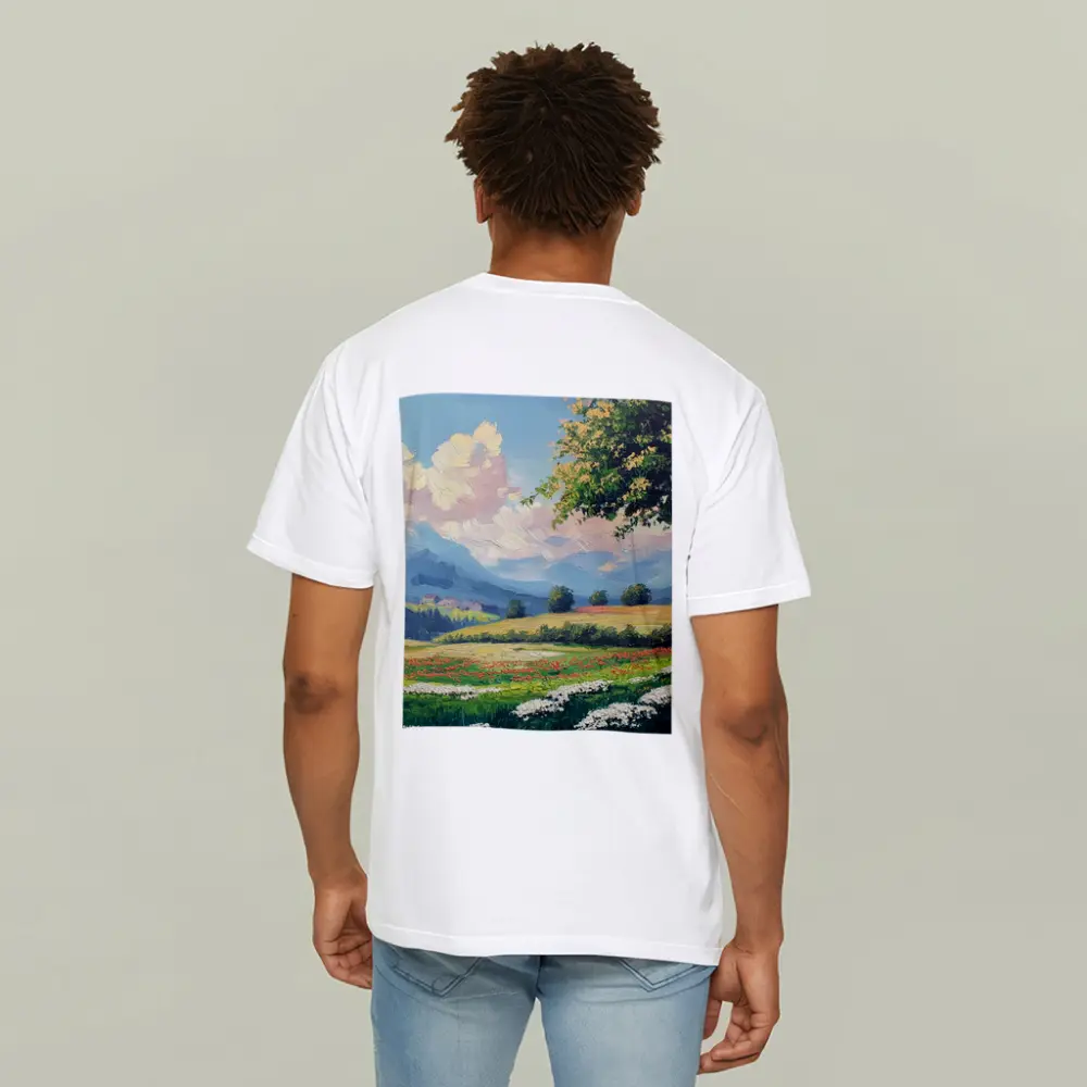 Oil Painting Green Meadow Mountains Summer Landscape – T-Shirts