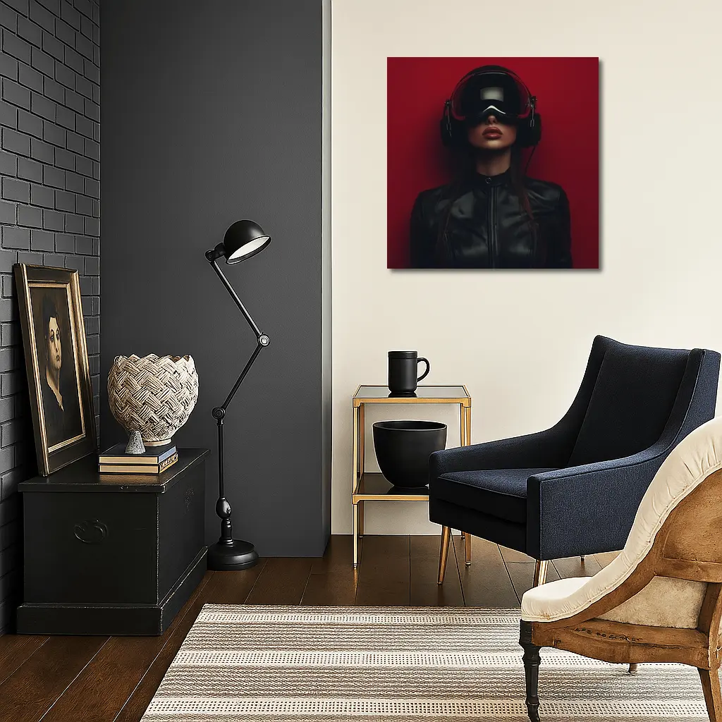 Woman VR Headset Black Leather Red Background – Wall Art