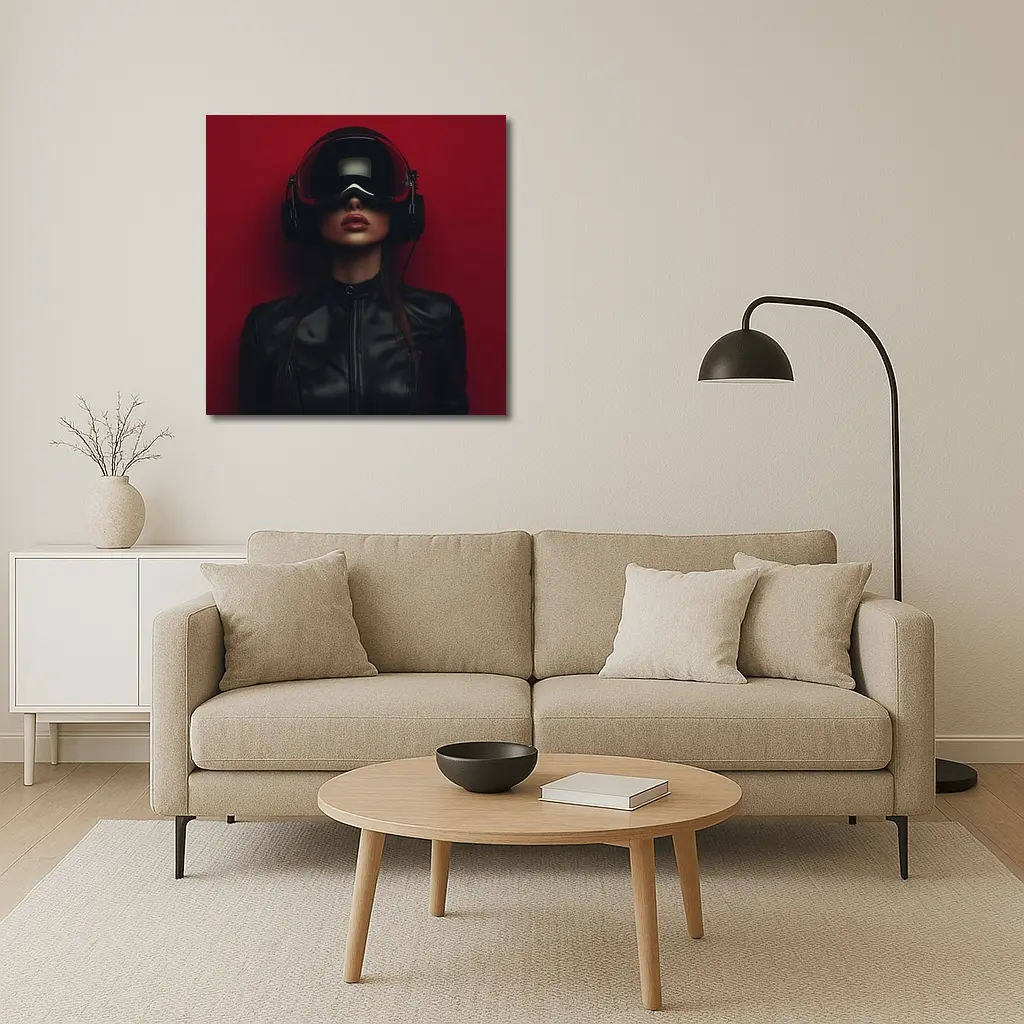Woman VR Headset Black Leather Red Background – Wall Art