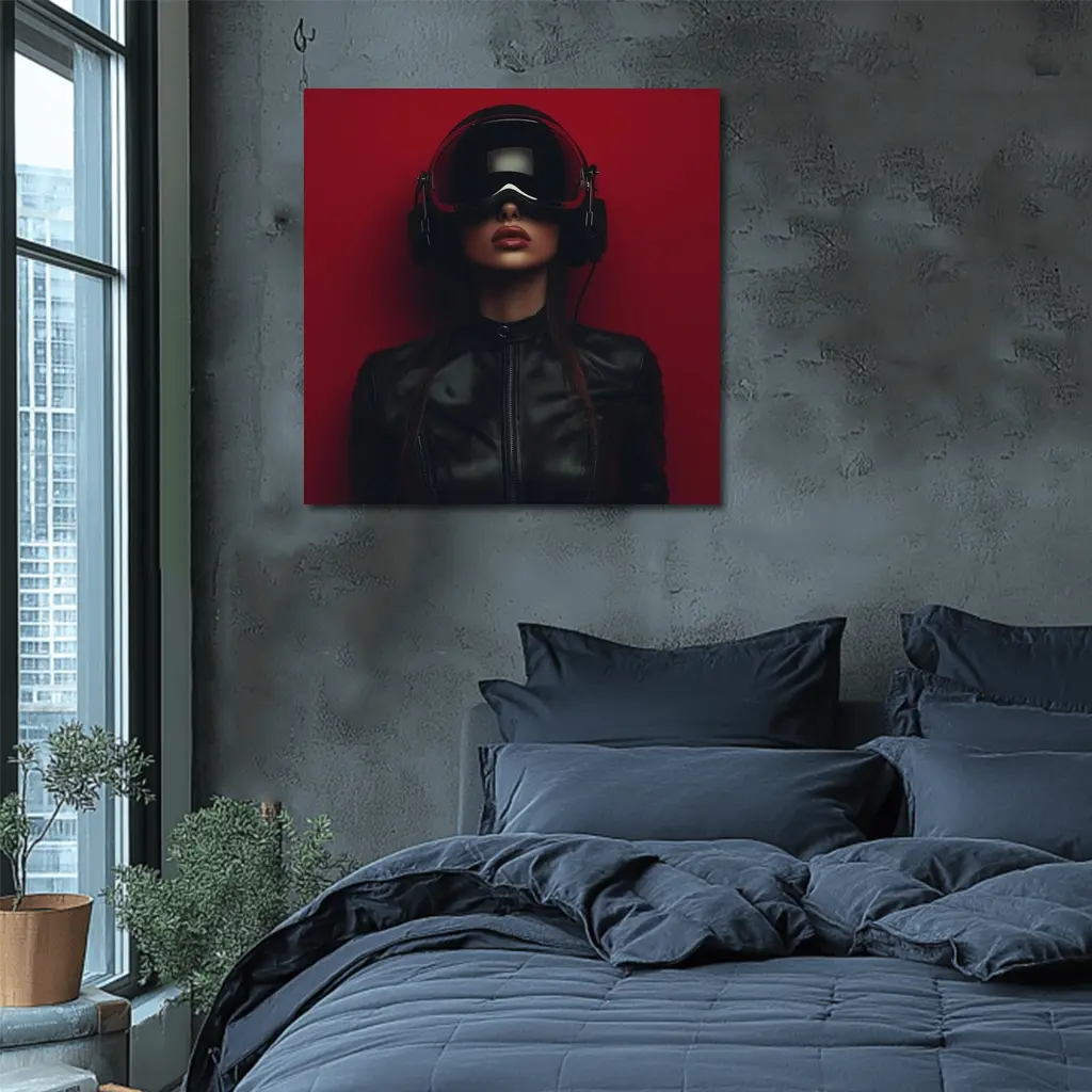 Woman VR Headset Black Leather Red Background – Wall Art