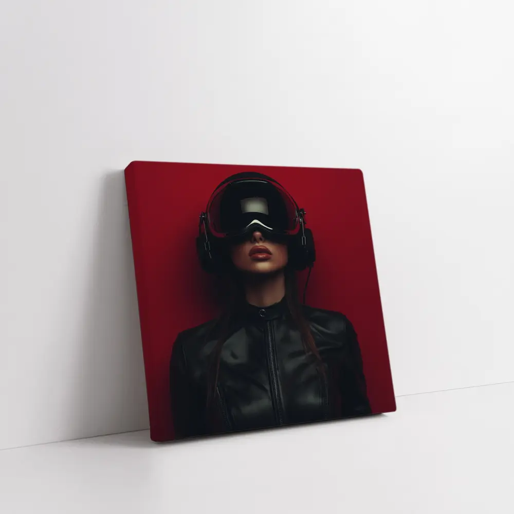 Woman VR Headset Black Leather Red Background – Wall Art