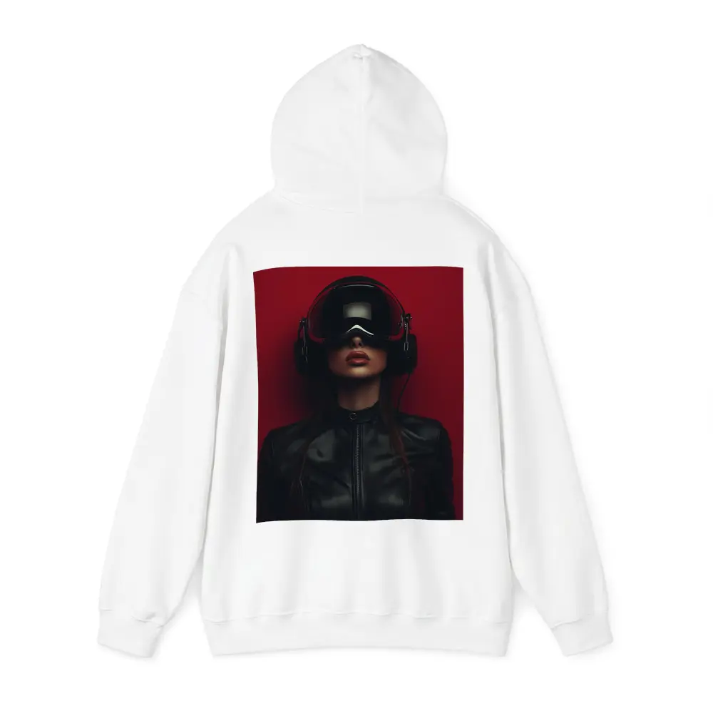 Woman VR Headset Black Leather Red Background – Hoodies