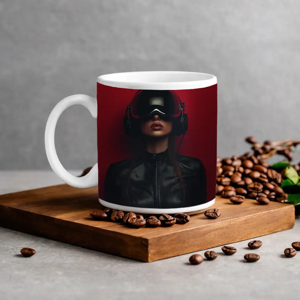 Woman VR Headset Black Leather Red Background – Mugs