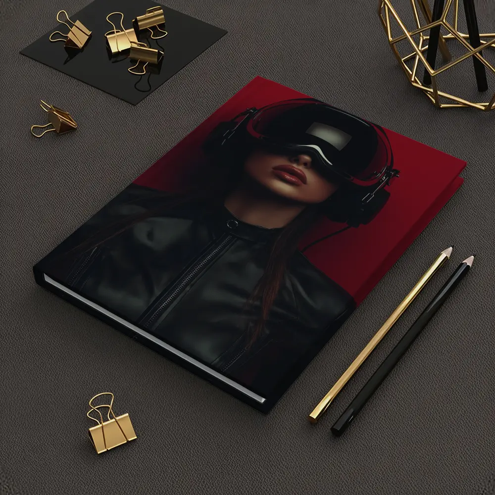 Woman VR Headset Black Leather Red Background – Notebooks