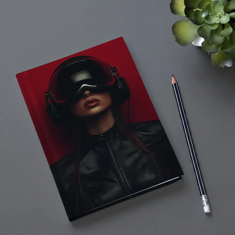 Woman VR Headset Black Leather Red Background – Notebooks