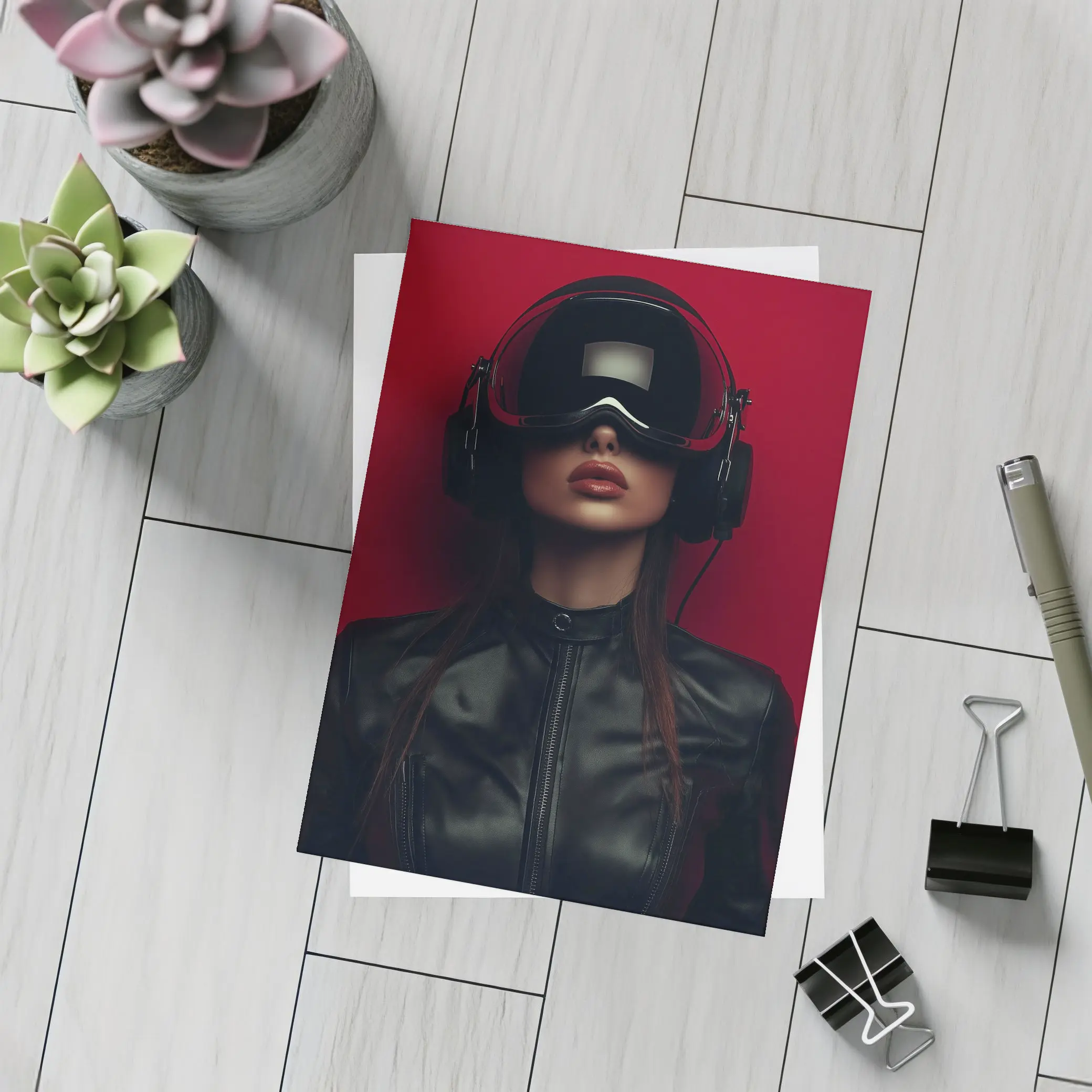Woman VR Headset Black Leather Red Background – Postcards