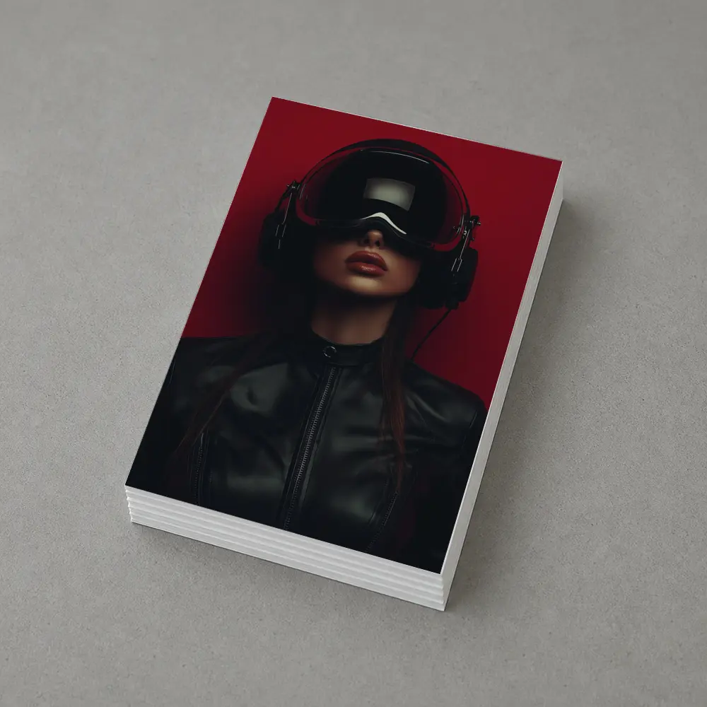 Woman VR Headset Black Leather Red Background – Postcards