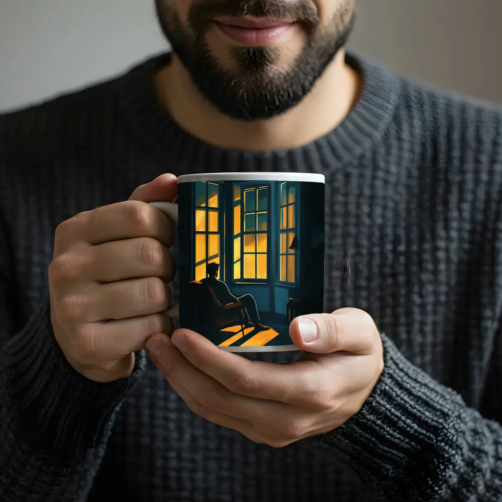 Man Sitting Alone By Golden Window – Mugs