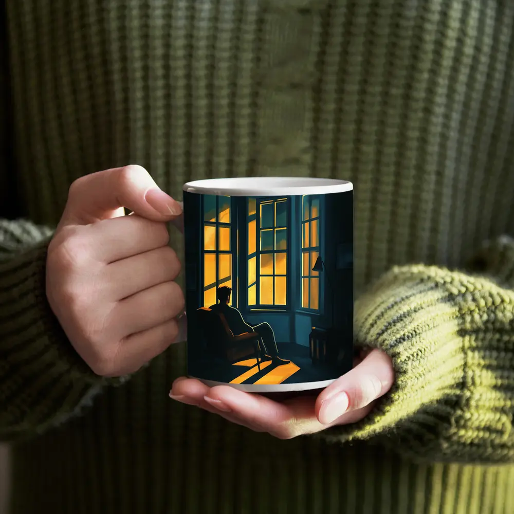 Man Sitting Alone By Golden Window – Mugs