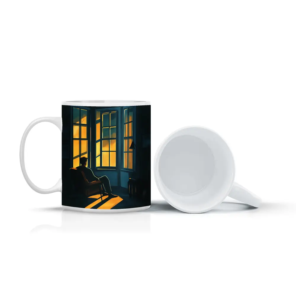 Man Sitting Alone By Golden Window – Mugs