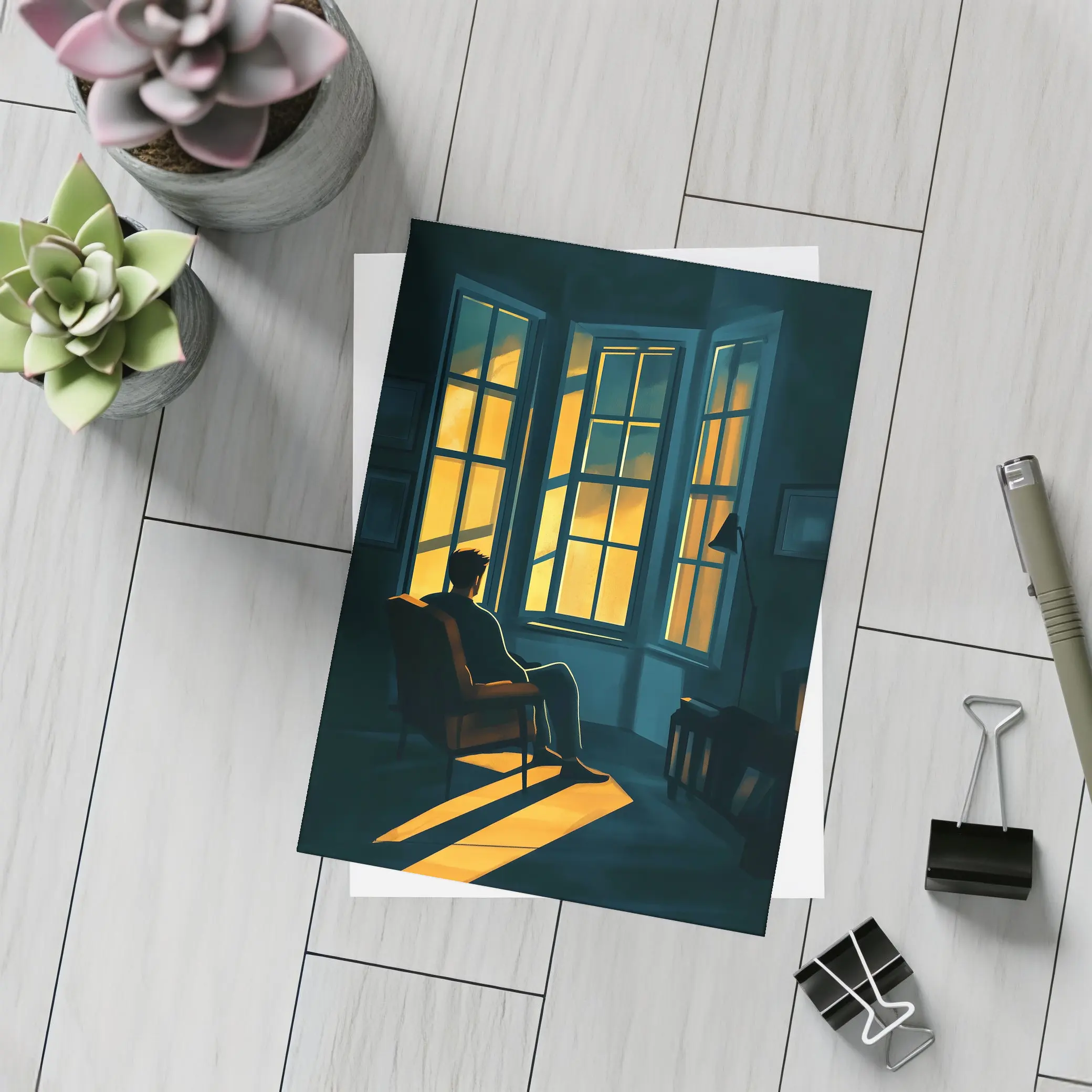 Man Sitting Alone By Golden Window – Postcards