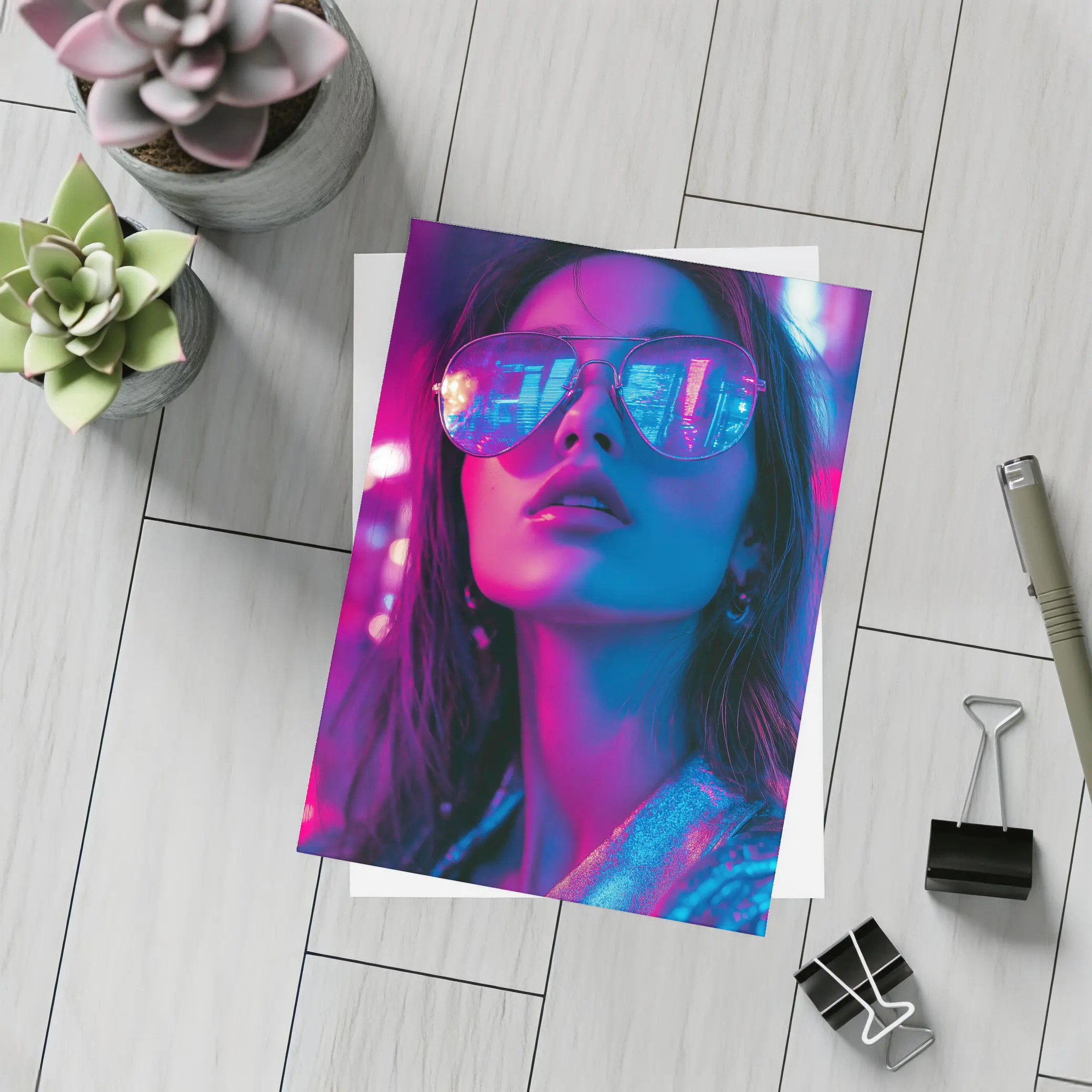Woman Neon City Lights Cyberpunk Style – Postcards