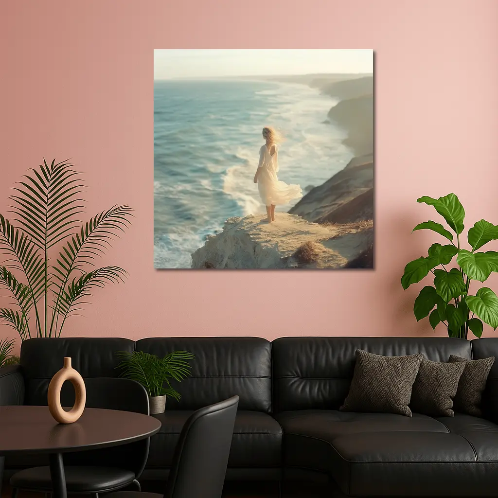 Woman White Dress Standing Ocean Cliff – Wall Art