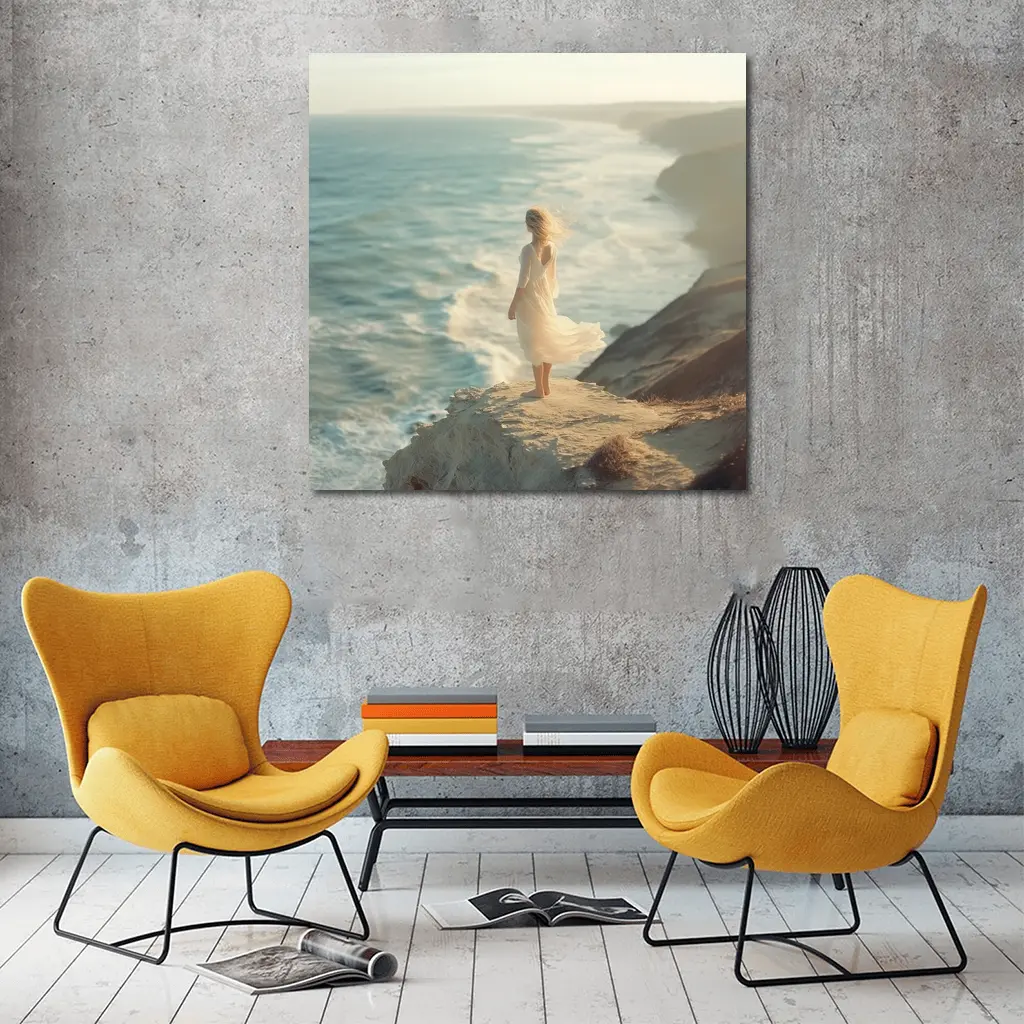 Woman White Dress Standing Ocean Cliff – Wall Art
