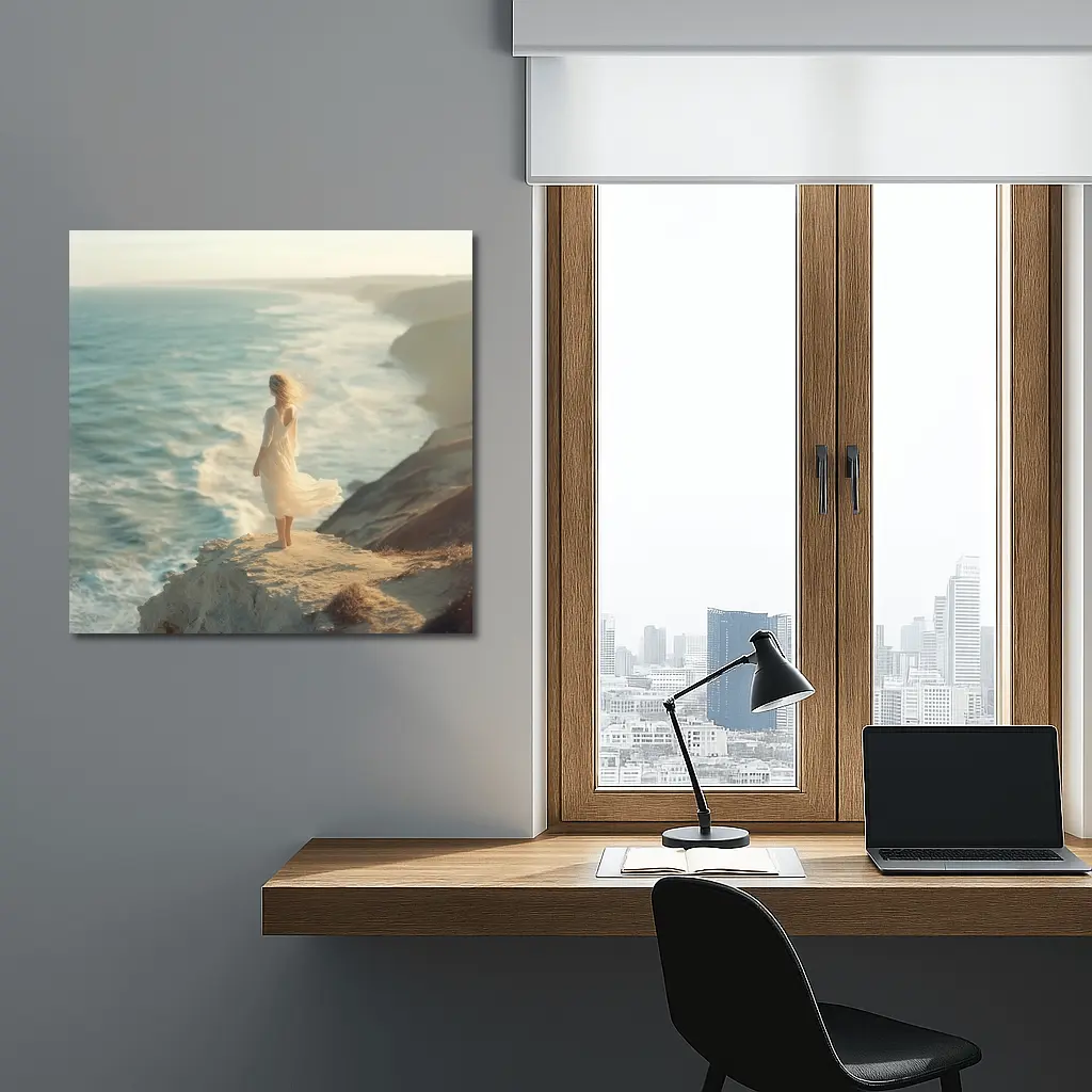 Woman White Dress Standing Ocean Cliff – Wall Art
