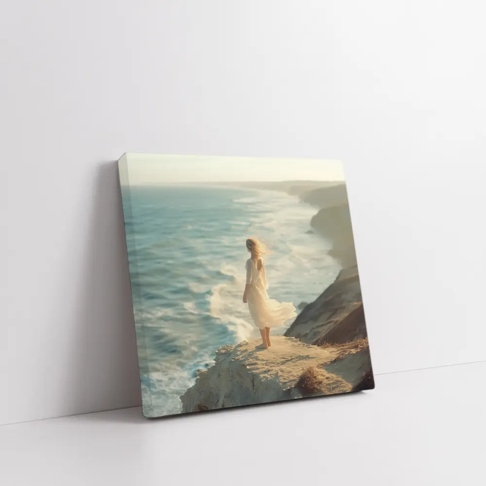 Woman White Dress Standing Ocean Cliff – Wall Art