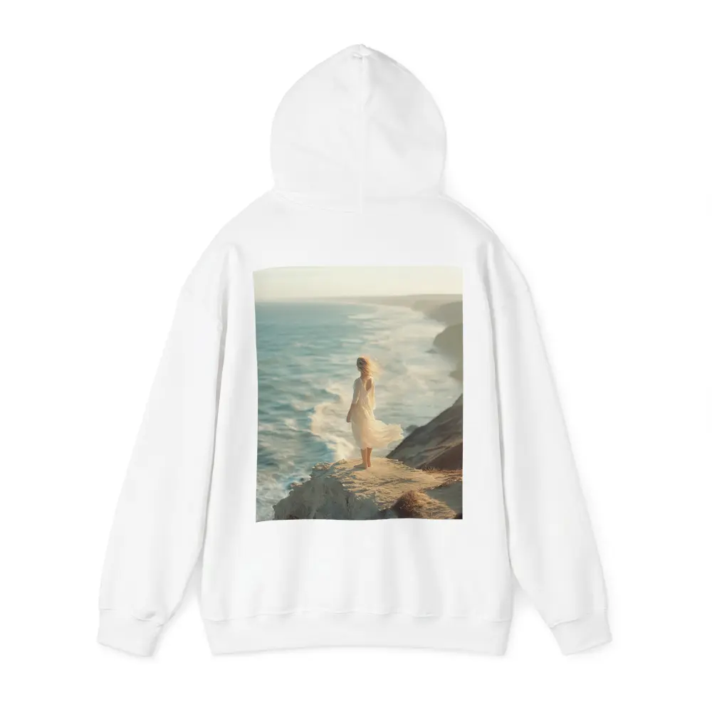 Woman White Dress Standing Ocean Cliff – Hoodies