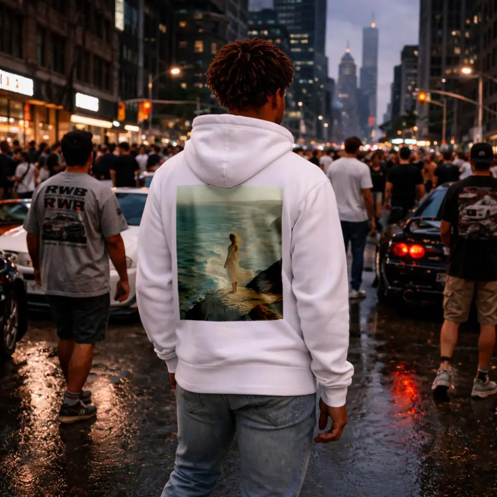Woman White Dress Standing Ocean Cliff – Hoodies