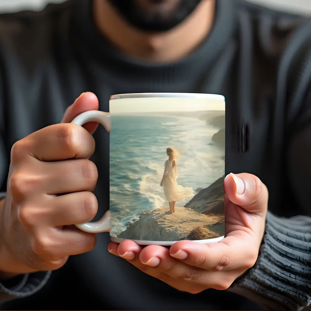 Woman White Dress Standing Ocean Cliff – Mugs