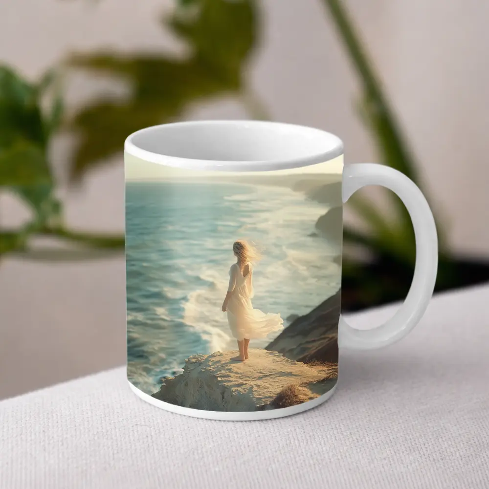 Woman White Dress Standing Ocean Cliff – Mugs