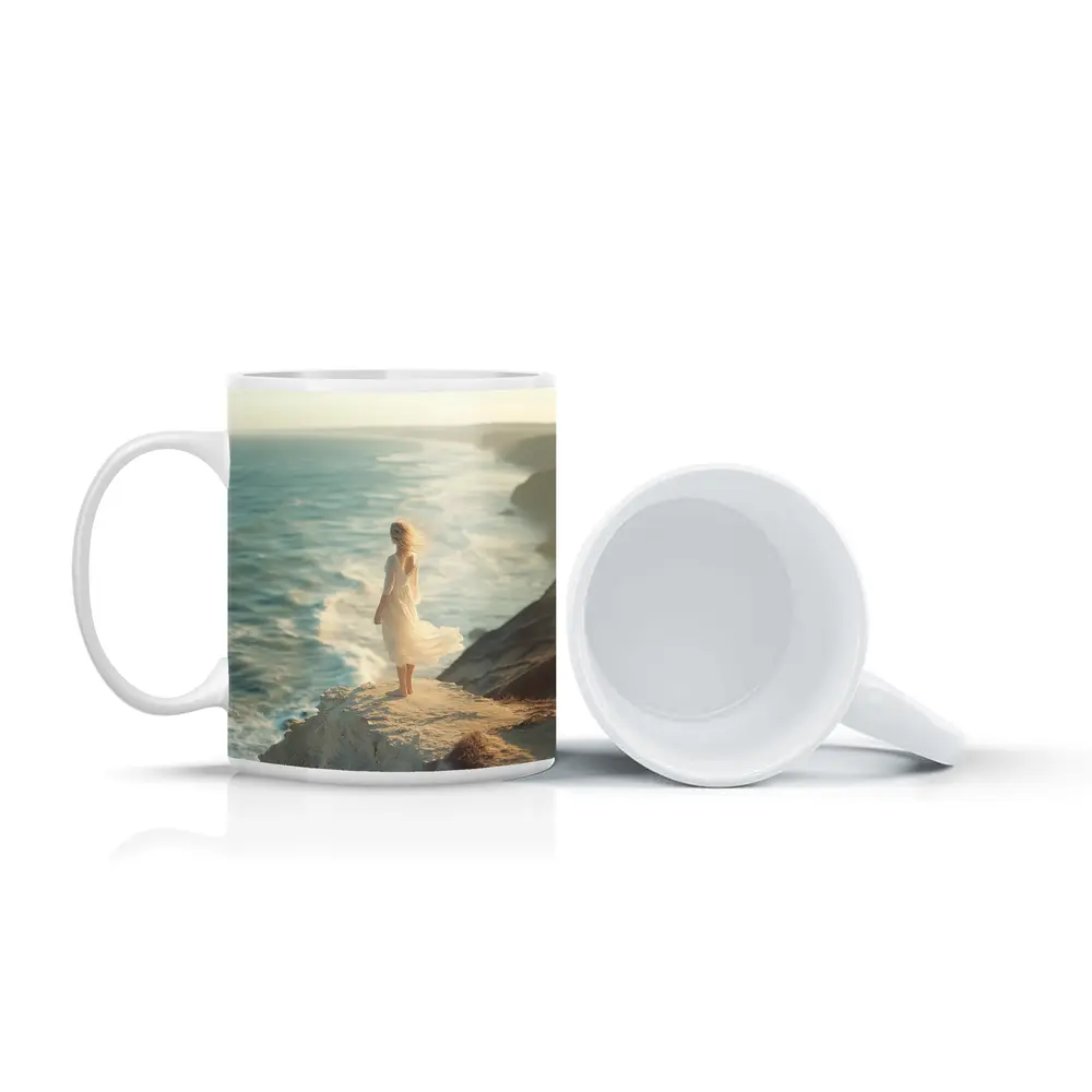 Woman White Dress Standing Ocean Cliff – Mugs