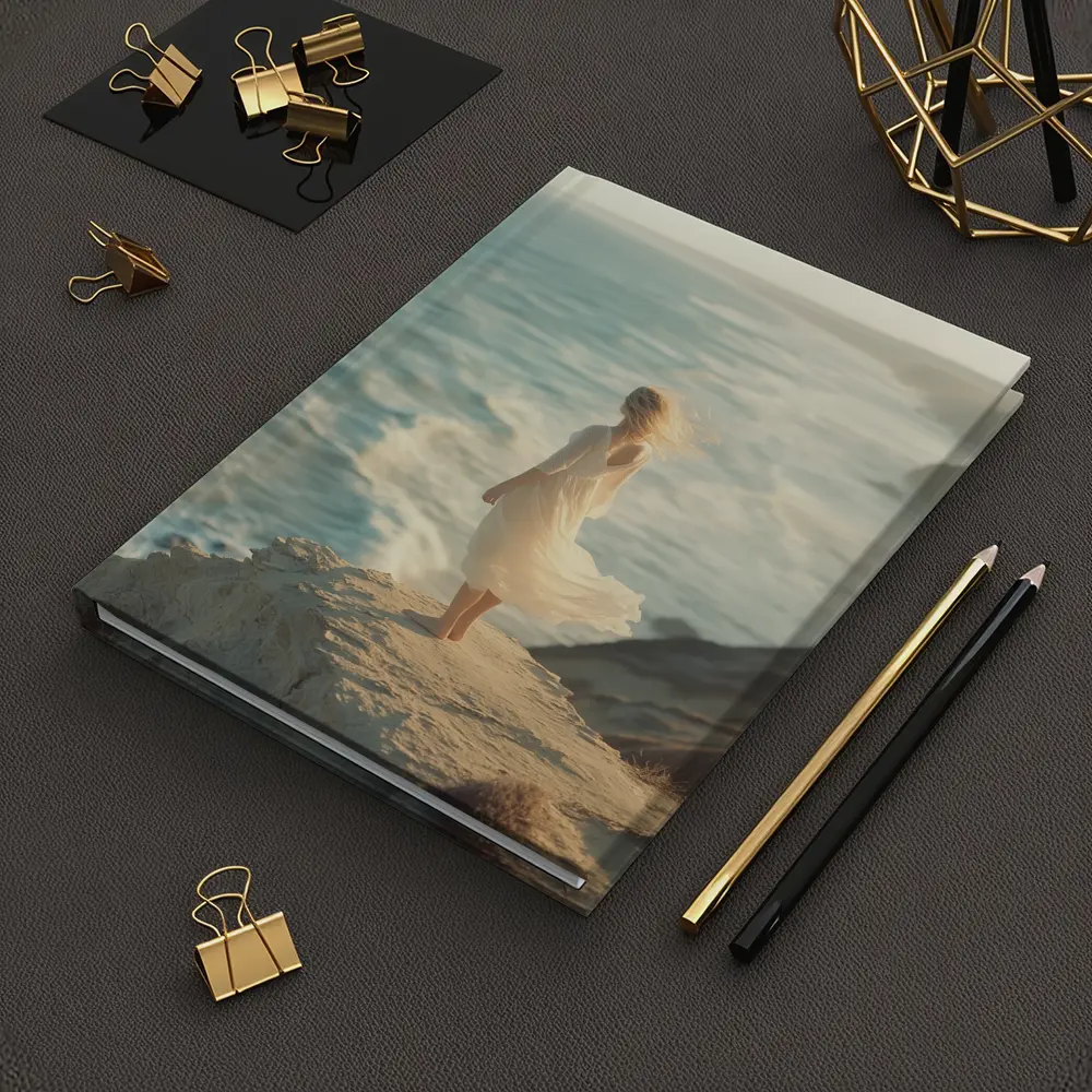 Woman White Dress Standing Ocean Cliff – Notebooks