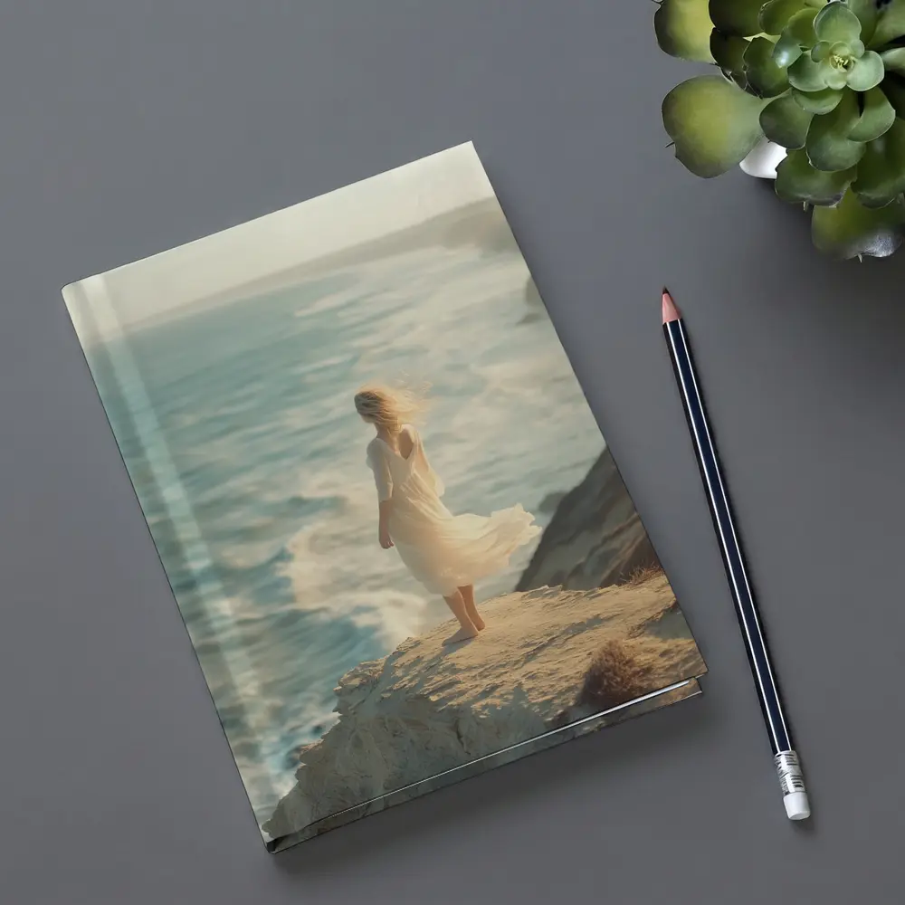 Woman White Dress Standing Ocean Cliff – Notebooks