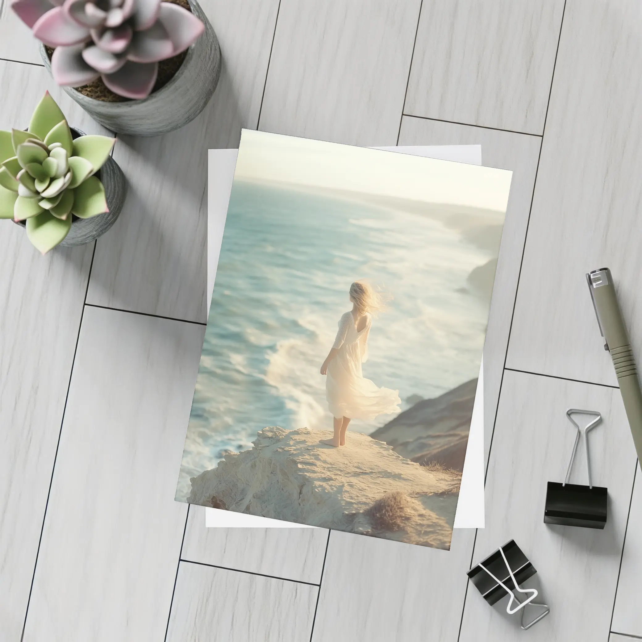 Woman White Dress Standing Ocean Cliff – Postcards