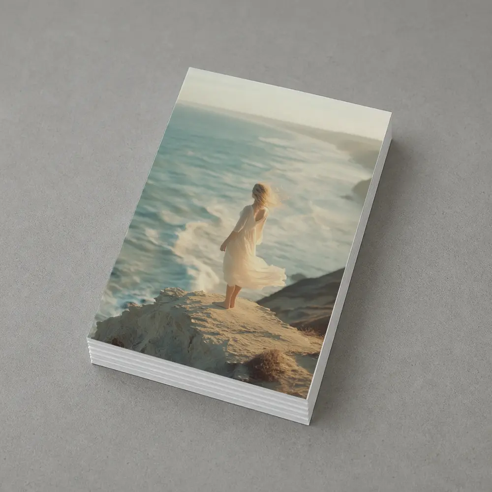 Woman White Dress Standing Ocean Cliff – Postcards