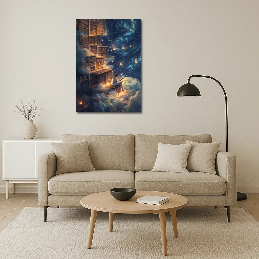 Girl Reading Book Floating Cloud Library Night – Wall Art