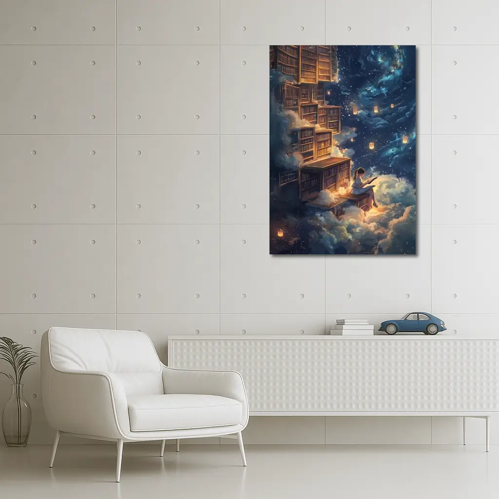 Girl Reading Book Floating Cloud Library Night – Wall Art