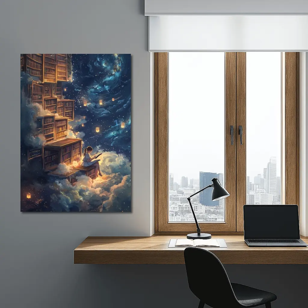 Girl Reading Book Floating Cloud Library Night – Wall Art