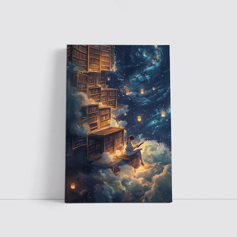 Girl Reading Book Floating Cloud Library Night – Wall Art