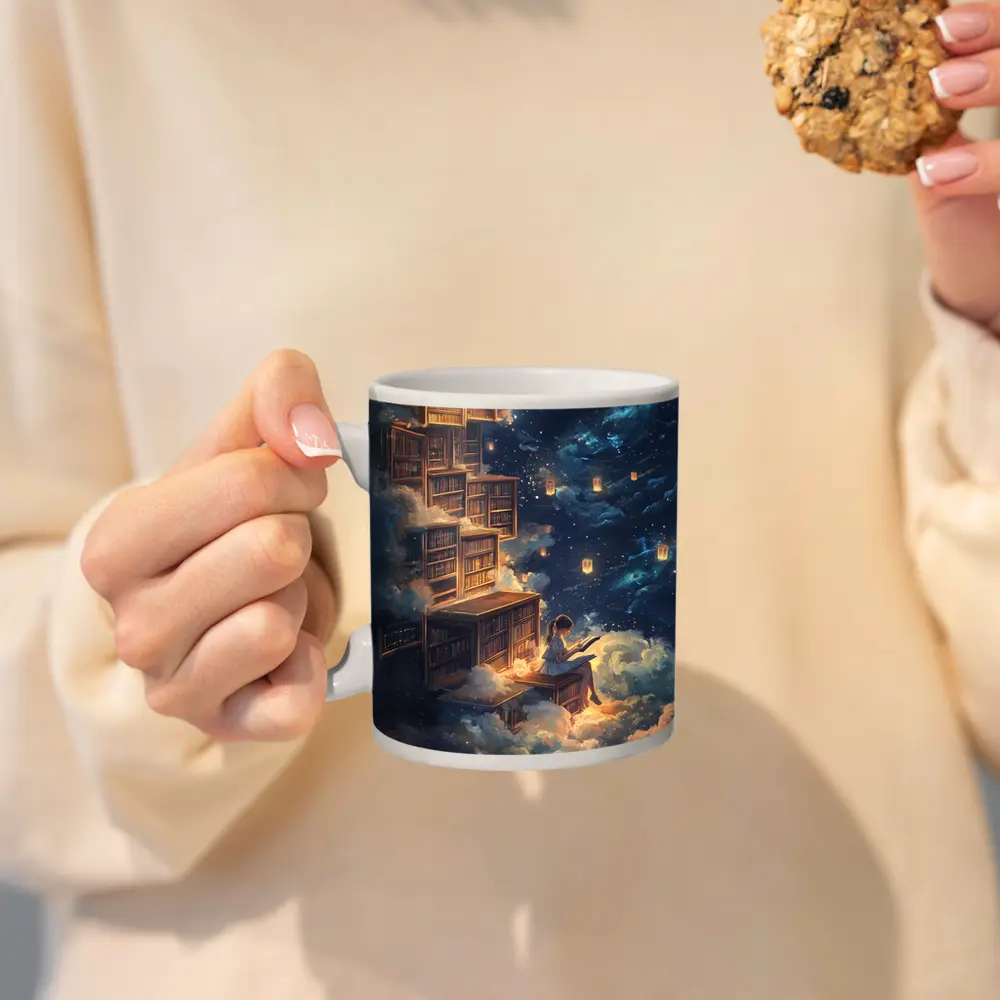 Girl Reading Book Floating Cloud Library Night – Mugs
