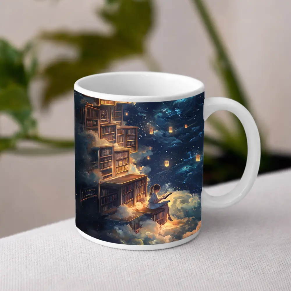 Girl Reading Book Floating Cloud Library Night – Mugs
