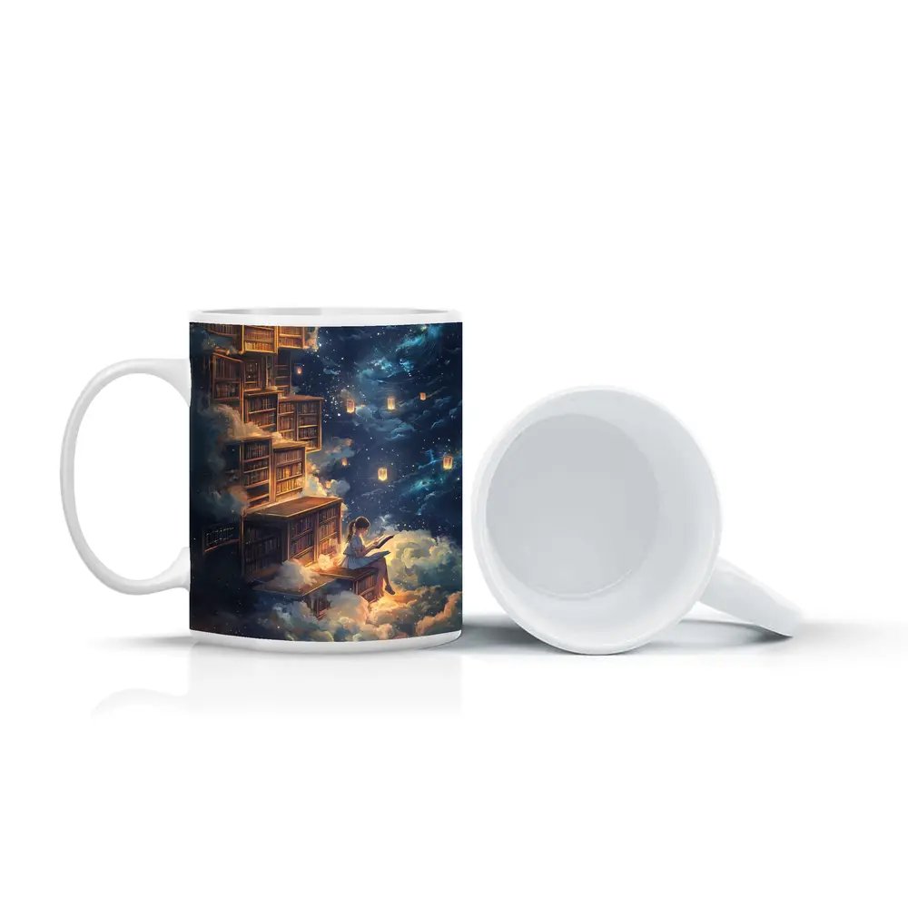 Girl Reading Book Floating Cloud Library Night – Mugs