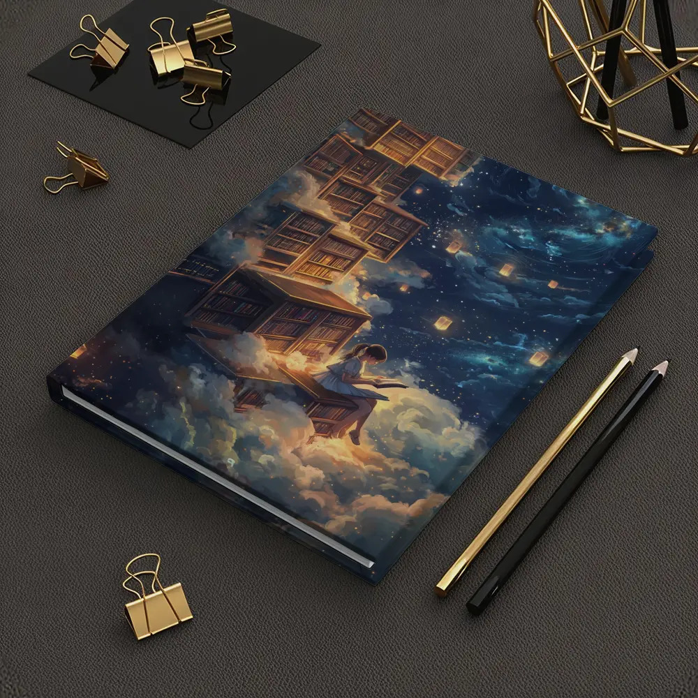 Girl Reading Book Floating Cloud Library Night – Notebooks